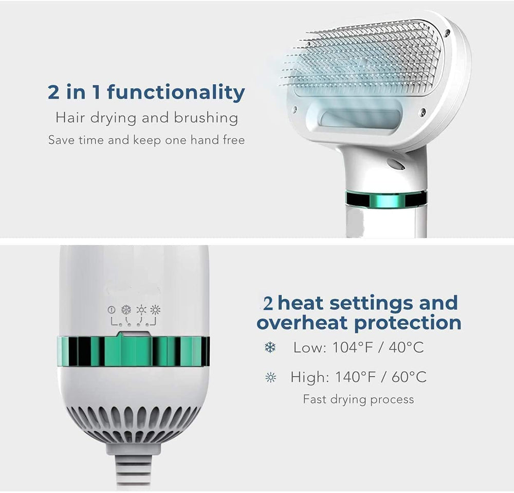 2-in-1 Portable Pet Hair Dryer and Self-Cleaning Slicker Brush with Adjustable Temperature for Dogs and Cats