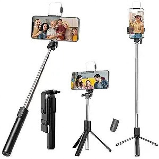 Q07 3-in-1 Bluetooth Selfie Stick Tripod with Integrated LED Fill Light – Wireless Remote Control, 360° Rotation, Foldable & Extendable Monopod for All Smartphones