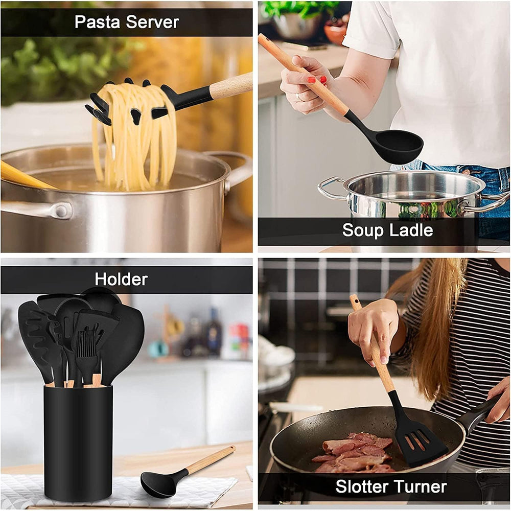 Silicone Kitchen Spatula and Utensils Spoon Set Cooking + Baking Set- 12 Pcs Non-Stick with Wooden Handle-BPA Free, Heat Resistant Item, Flexible Non Toxic Silicon Cookware Tools (Black)