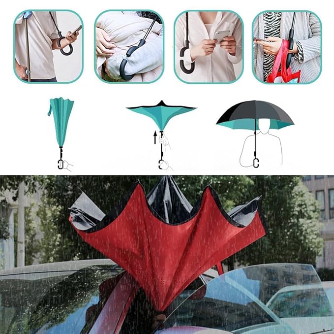 Inverted Umbrella, Anti-UV Double Layer Windproof Umbrella, Hands Free Handle C-Shaped Umbrella