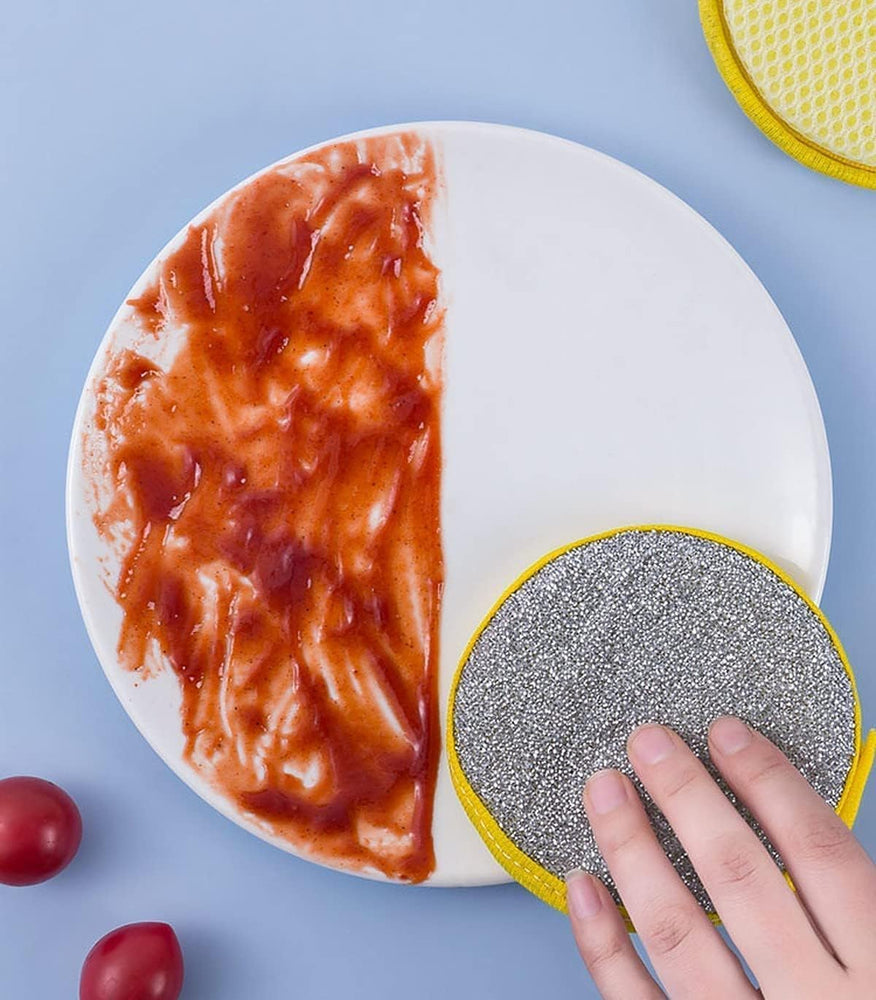 Non-Scratch Steel Wire Dish Scrubber with Soft Sponge, Double-Sided Round Cleaning Pad for Utensils, Plates, Pots, Kitchen Sink & Cookware (Pack of 5)