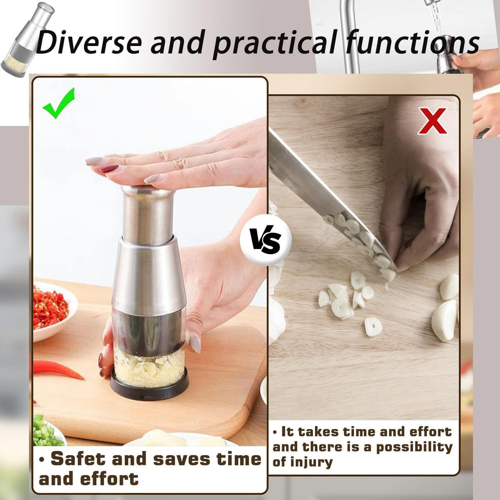 Mini Dicer Food Chopper,Functional Manual Garlic Press, Stainless Steel Hand Food Chopper Garlic Press for Mincing Garlic Garlic Press Stainless Steel (Silver)