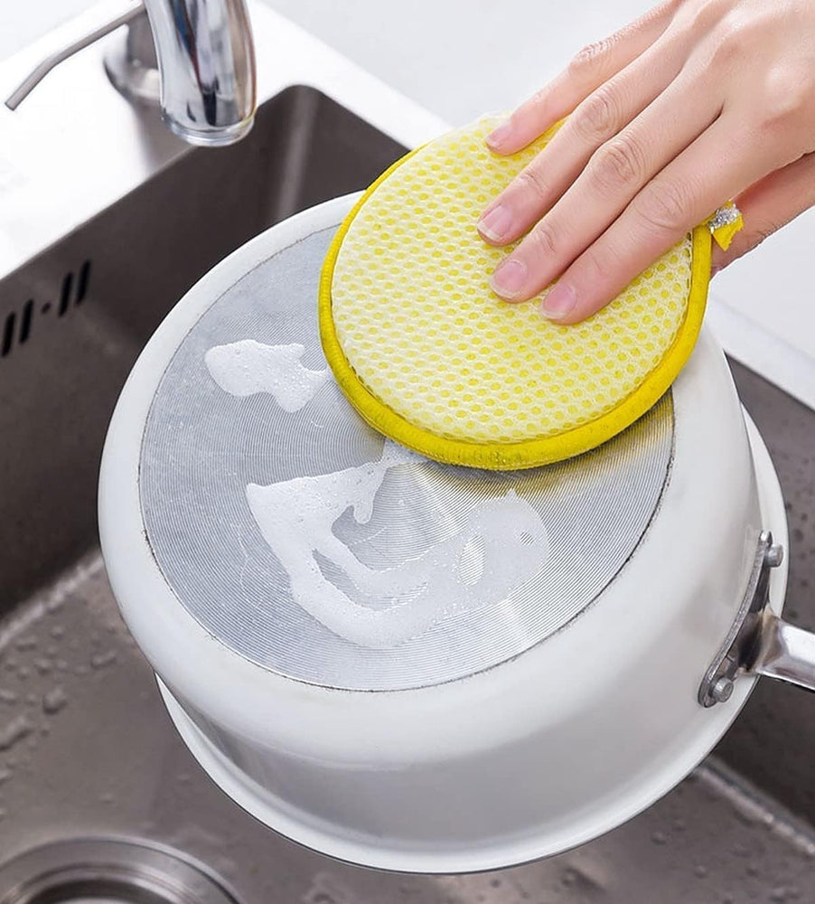 Non-Scratch Steel Wire Dish Scrubber with Soft Sponge, Double-Sided Round Cleaning Pad for Utensils, Plates, Pots, Kitchen Sink & Cookware (Pack of 5)
