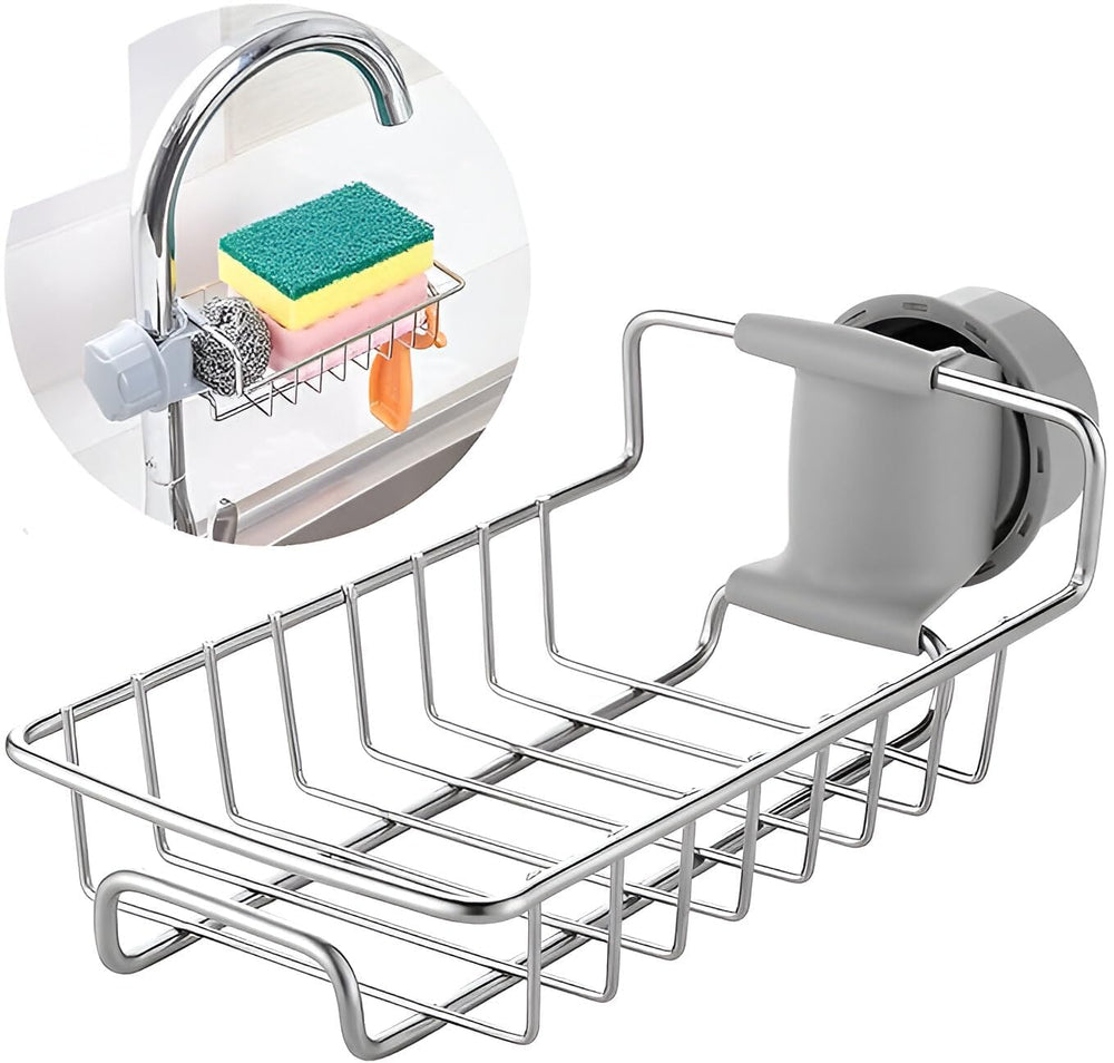 Stainless Steel Adjusting Multifunctional Over Kitchen Sink Caddy Clamp Faucet Sponge Scrubber Holder Storage Hanging Shelf Draining Bathroom Tap Shampoo Soap Organizer Rack (Pack of 1)