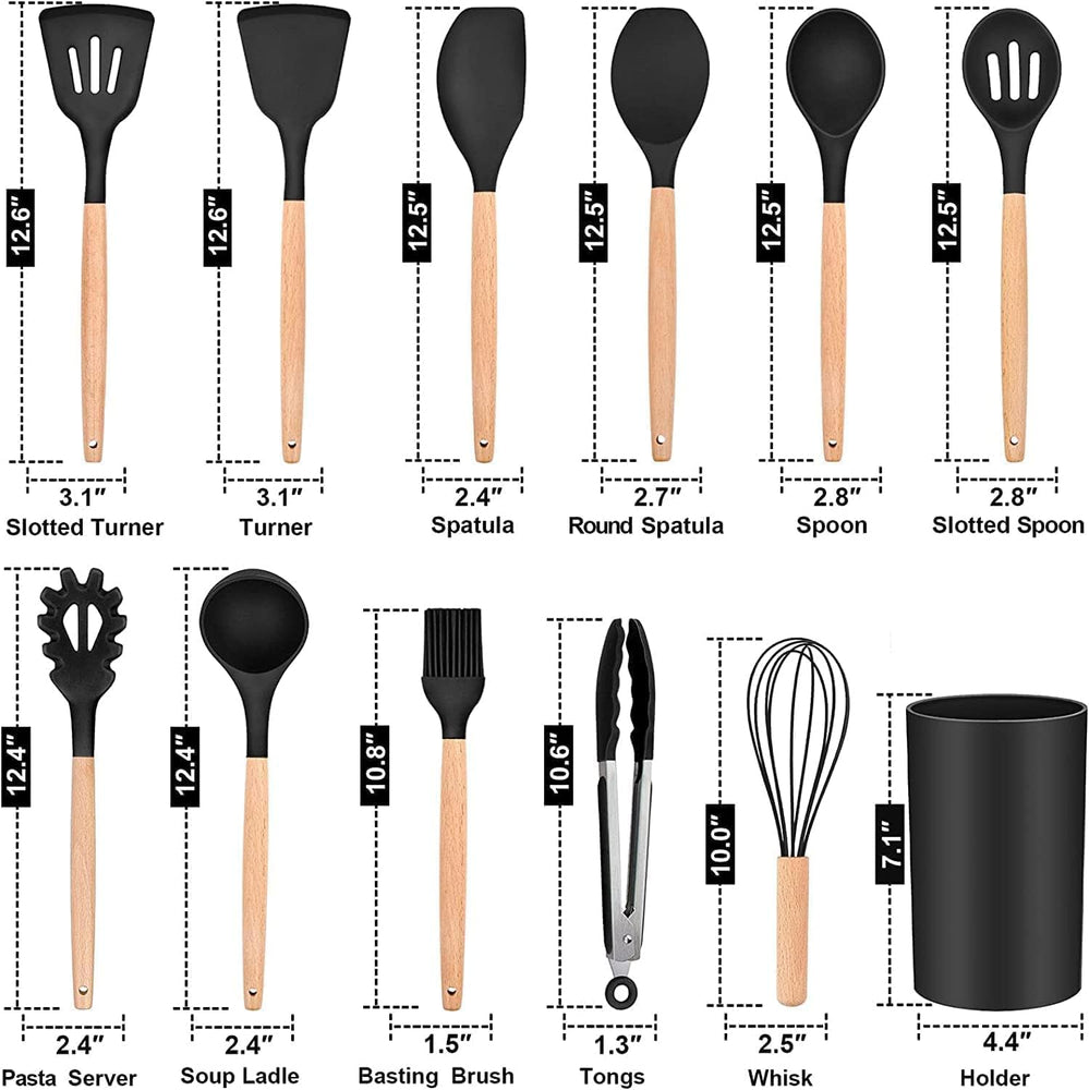 Silicone Kitchen Spatula and Utensils Spoon Set Cooking + Baking Set- 12 Pcs Non-Stick with Wooden Handle-BPA Free, Heat Resistant Item, Flexible Non Toxic Silicon Cookware Tools (Black)