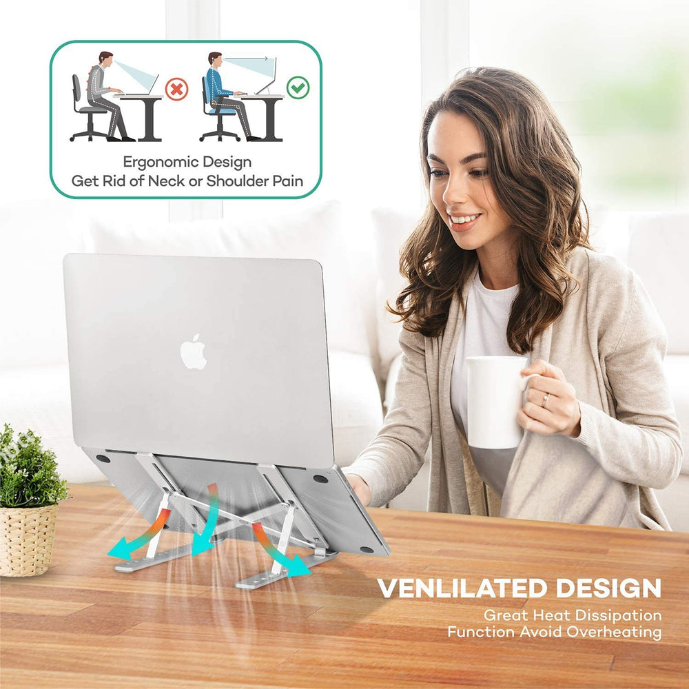 Laptop Tabletop Stand, Fold-Up, Adjustable, Ventilated, Portable Holder For Desk, Aluminum Foldable Laptop Ergonomic Compatibility With Up To 15.6-Inch Laptop, All Mac, Tab, And Mobile (Silver)
