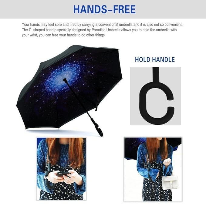 Inverted Umbrella, Anti-UV Double Layer Windproof Umbrella, Hands Free Handle C-Shaped Umbrella