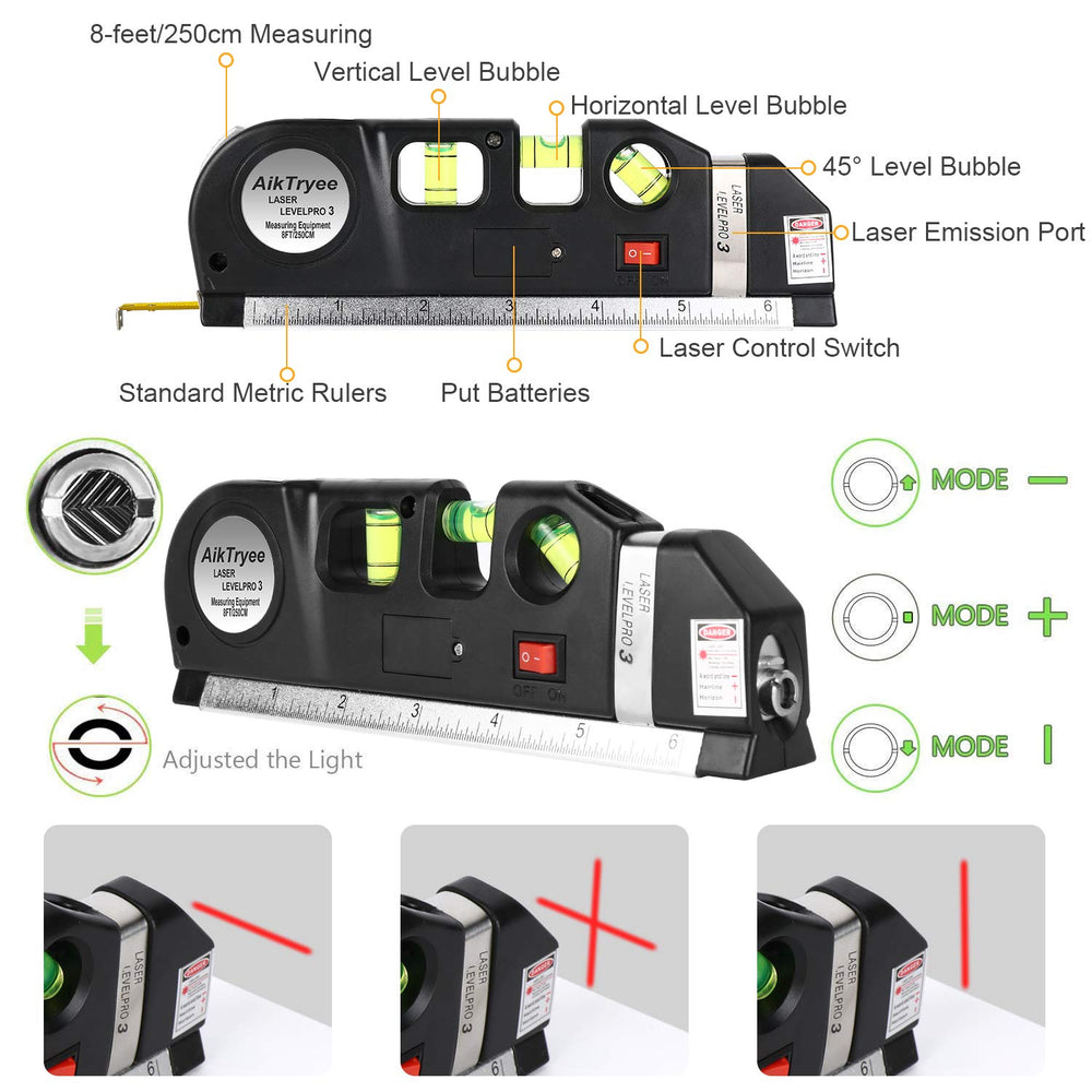 Multipurpose ABS Laser Level Line Tool Kit | Standard Cross | leveler Beam with Metric Rulers 8ft/2.5M for Picture Hanging cabinets Tile Walls (Black)