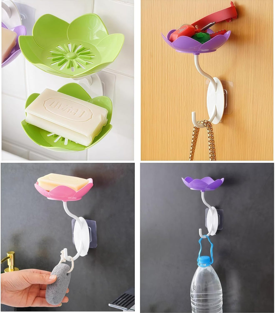 Lotus Flower Shape Soap Holder | Double Layer Drainable Soap Dish | Wall Mounted & Reusable | Adhesive Sticker Included | No-Soggy Soap Solution for Bathroom & Kitchen (Multi-2 pcs)