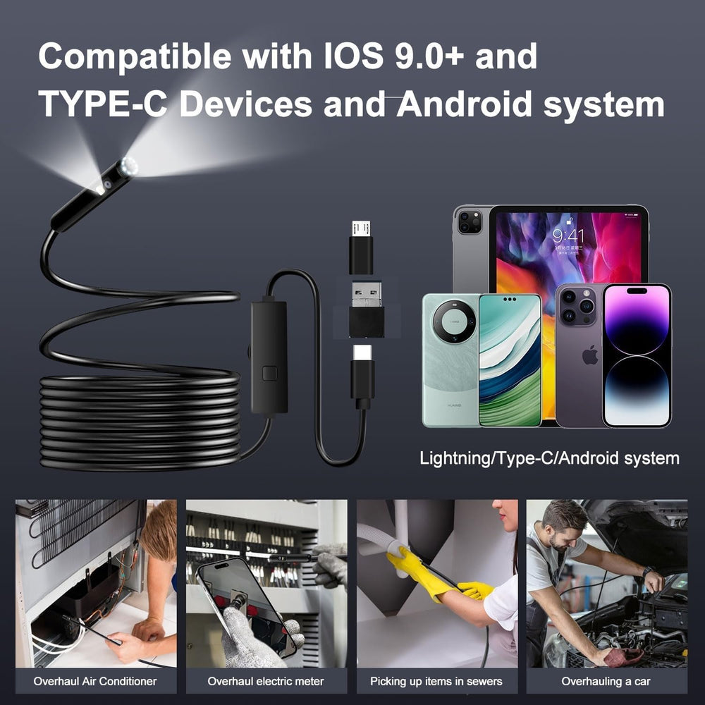 3-in-1 HD Endoscope Camera (2m): Waterproof Snake Borescope with 6 LEDs for Android & PC. Perfect for Pipe & Engine Inspection.