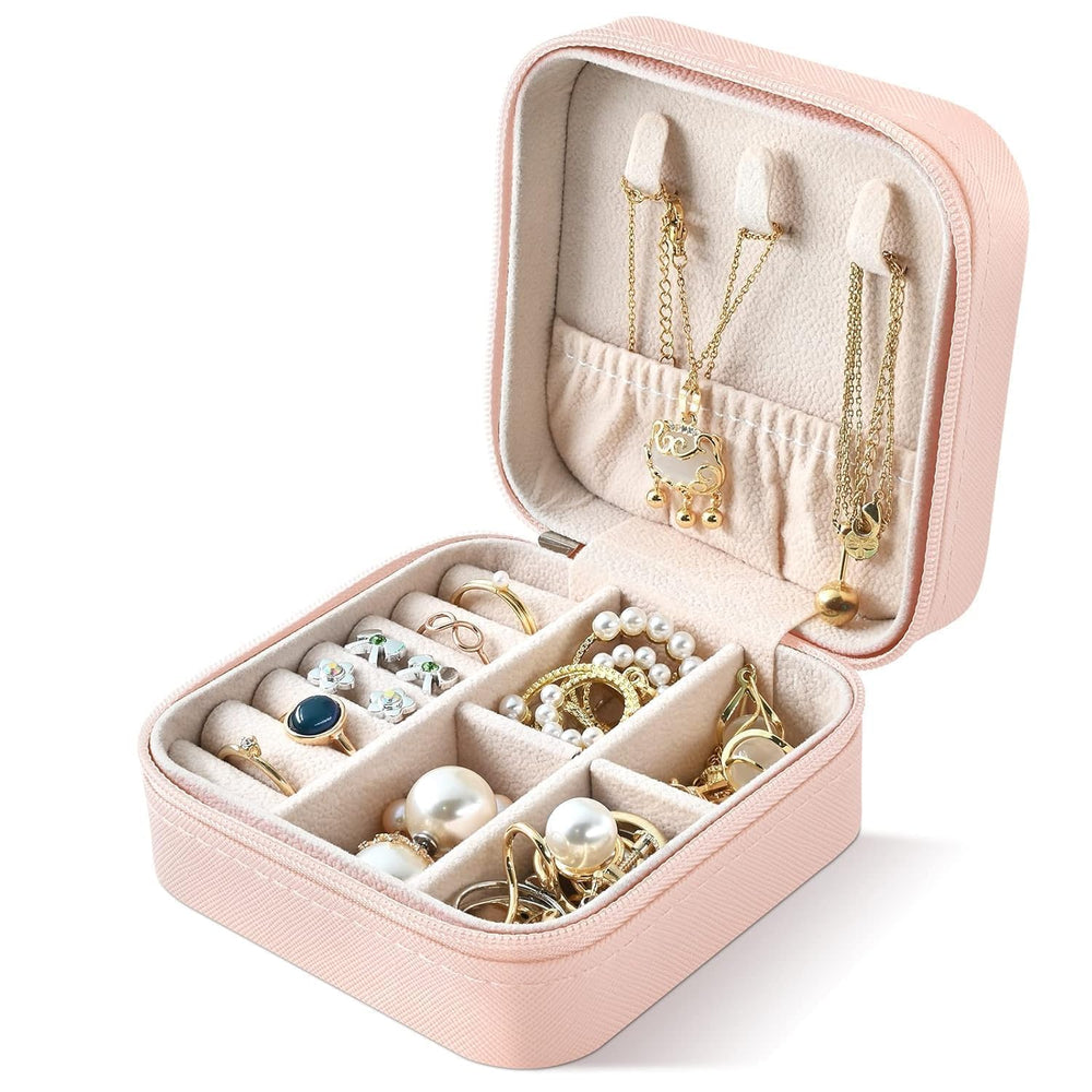 Mini Jewellery Travel Case, PU Leather Organizer Box, Small Portable Jewellery Storage Holder for Womens Rings Earrings Necklaces (Peach-PU Leather Box) (Peach)