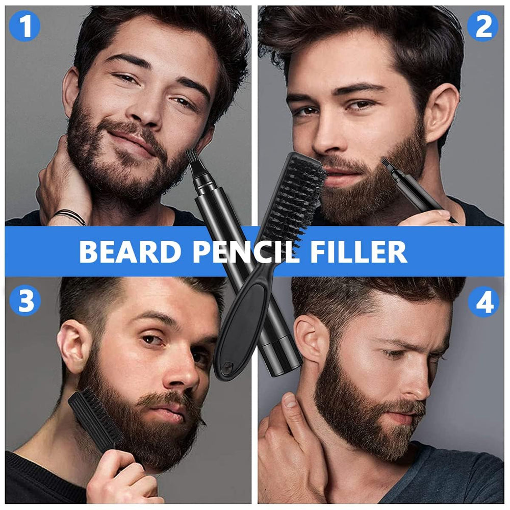 Beard Filling Pen Kit, Barber Styling Beard Colour Filler Pencil with Brush, Waterproof, Sweat Proof, Sharp Beard Lines Long-Lasting Durable Pencil for Men Beard, Moustache, Eyebrows Filler - Black