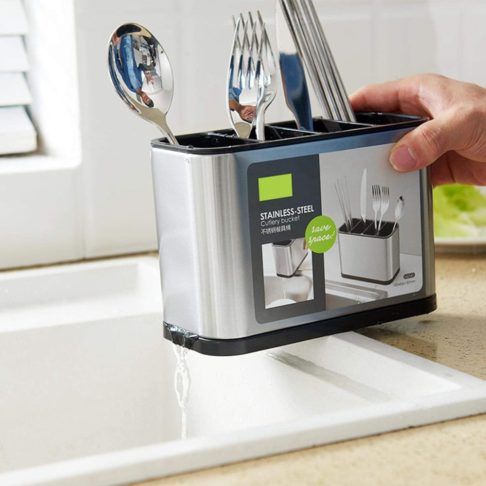 Stainless Steel Kitchen Cutlery Holder – 4 Compartment Utensil Organizer & Drainer Stand for Spoons, Forks, Knives – Rust-Resistant, Compact Design