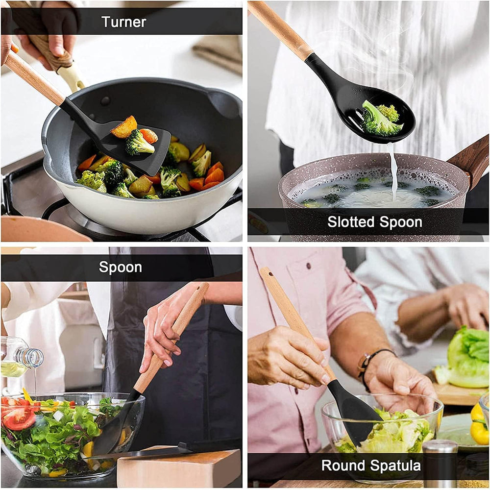 Silicone Kitchen Spatula and Utensils Spoon Set Cooking + Baking Set- 12 Pcs Non-Stick with Wooden Handle-BPA Free, Heat Resistant Item, Flexible Non Toxic Silicon Cookware Tools (Black)
