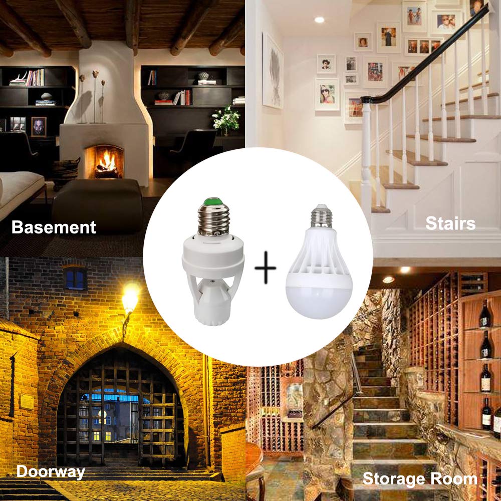 PIR Motion Sensor Light Socket,E26/E27 Smart Lamp Bulb Holder Adapter Auto On/Off Light Control Suitable for Garage Basement Porch Storage Room