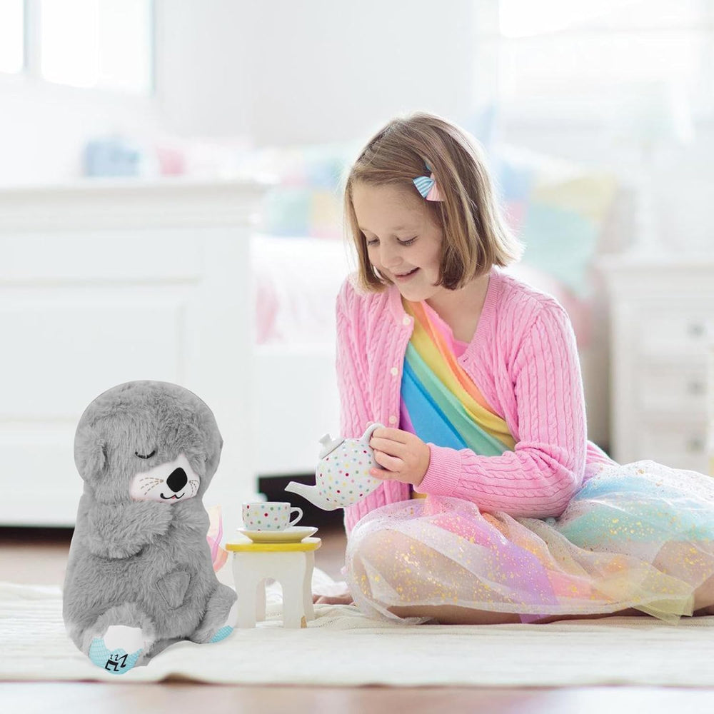 Breathing Teddy Bear Plush Otter with Rhythm Motion, Light & Music | Grey Comfort Toy for Stress Relief for Kids, Adults & Valentine’s Day