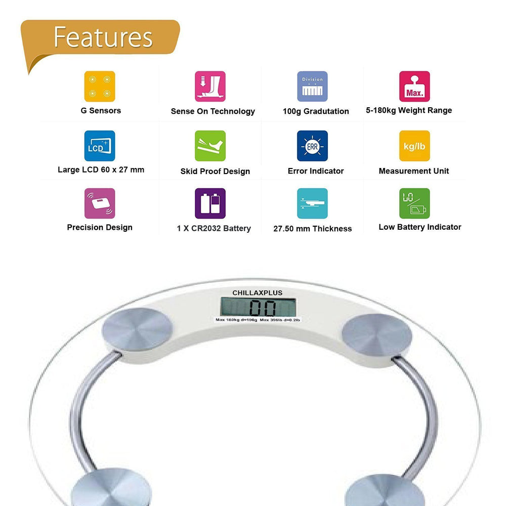 Digital Glass Weight Machine For Body Weight Round Personal Weighing Scale For Home Use Bathroom Weighing Machine (Transparent), 180 Kilograms
