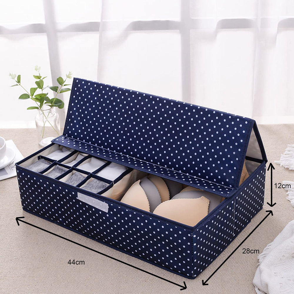 Innerwear Organizer 16+1 Compartment Non-Smell Non Woven Foldable Fabric Storage Box For Closet (Blue Polka Dot),Clothing