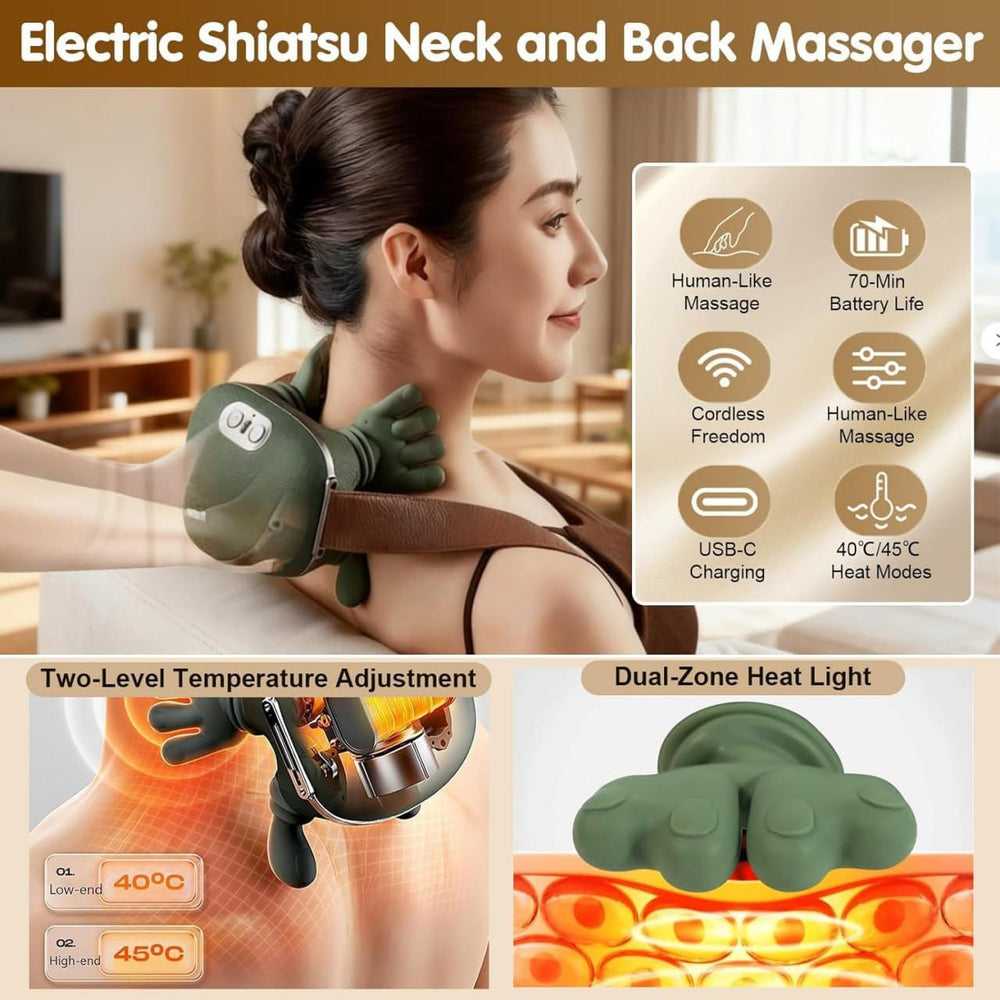 Shoulder & Neck Massager for Pain Relief | Deep Tissue Kneading with Dual-Zone Heat & 2-Speed Temperature Control | Back & Leg Massager | Useful Gift | Green