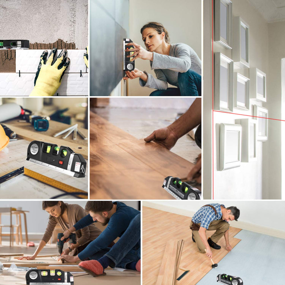 Multipurpose ABS Laser Level Line Tool Kit | Standard Cross | leveler Beam with Metric Rulers 8ft/2.5M for Picture Hanging cabinets Tile Walls (Black)