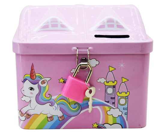 Unicorn Money Saving Piggy Bank Metal Body Coin Box with Key and Lock Toy for Kids Girls Birthday Return Gifts
