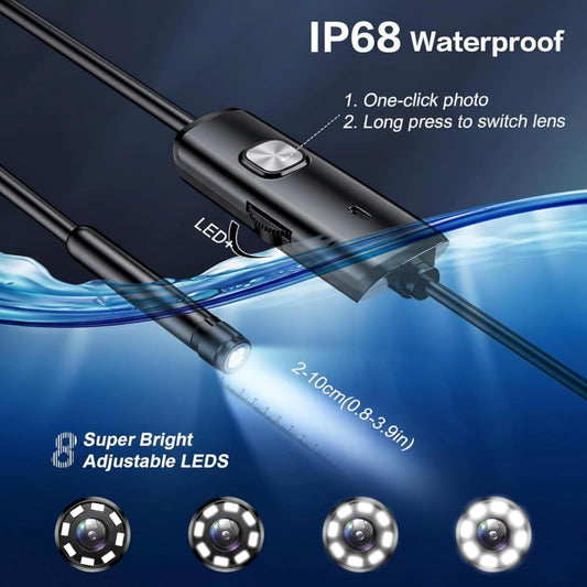 3-in-1 HD Endoscope Camera (2m): Waterproof Snake Borescope with 6 LEDs for Android & PC. Perfect for Pipe & Engine Inspection.