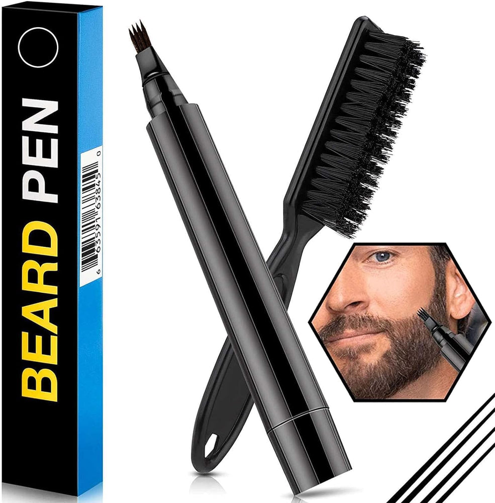 Beard Filling Pen Kit, Barber Styling Beard Colour Filler Pencil with Brush, Waterproof, Sweat Proof, Sharp Beard Lines Long-Lasting Durable Pencil for Men Beard, Moustache, Eyebrows Filler - Black