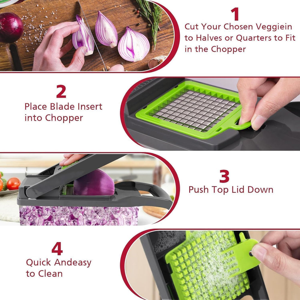 14-in-1 Food Chopper & Vegetable Cutter | Manual Slicer & Dicer with 8 Interchangeable Blades | Onion Chopper with Storage Container | Multipurpose Fruit & Vegetable Chopper