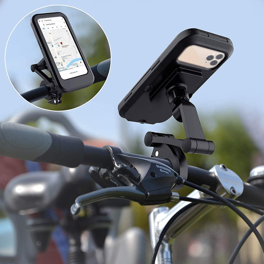 Waterproof Bike Mobile Phone Holder for Handlebar, 360° Rotatable Touch Screen Phone Mount, IPX6 Rainproof Case for 4.7–7.2 Inch Smartphones, Universal Motorcycle & Bicycle Mobile Stand (Black)