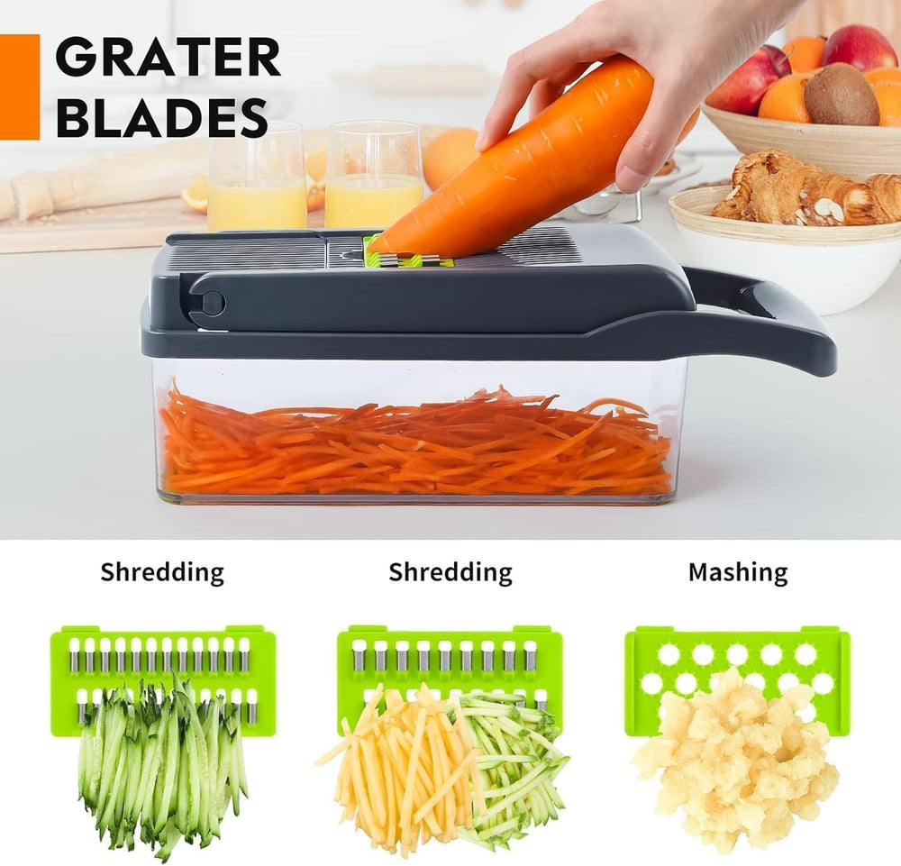 14-in-1 Food Chopper & Vegetable Cutter | Manual Slicer & Dicer with 8 Interchangeable Blades | Onion Chopper with Storage Container | Multipurpose Fruit & Vegetable Chopper