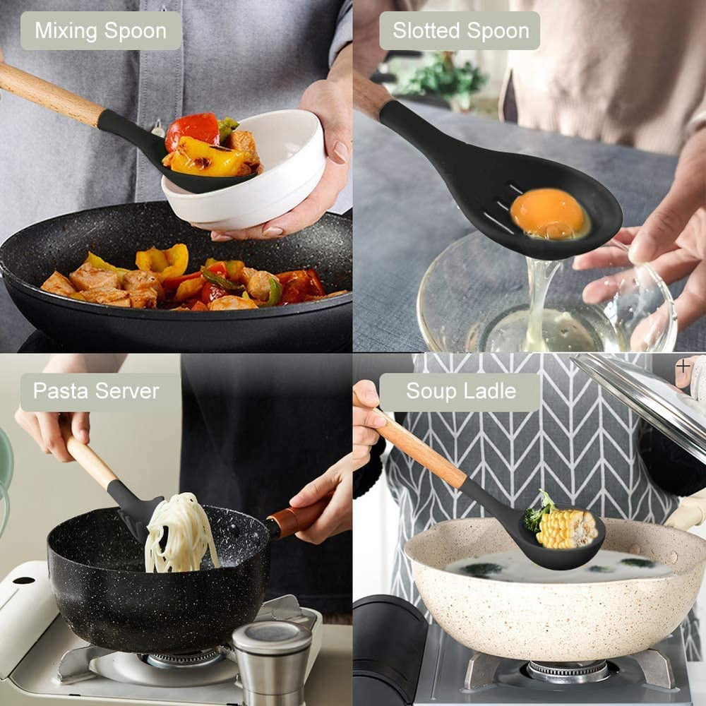Silicone Kitchen Spatula and Utensils Spoon Set Cooking + Baking Set- 12 Pcs Non-Stick with Wooden Handle-BPA Free, Heat Resistant Item, Flexible Non Toxic Silicon Cookware Tools (Black)