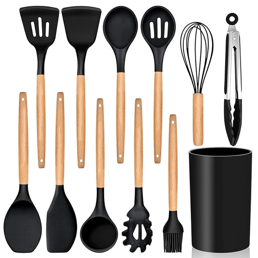 Silicone Kitchen Spatula and Utensils Spoon Set Cooking + Baking Set- 12 Pcs Non-Stick with Wooden Handle-BPA Free, Heat Resistant Item, Flexible Non Toxic Silicon Cookware Tools (Black)