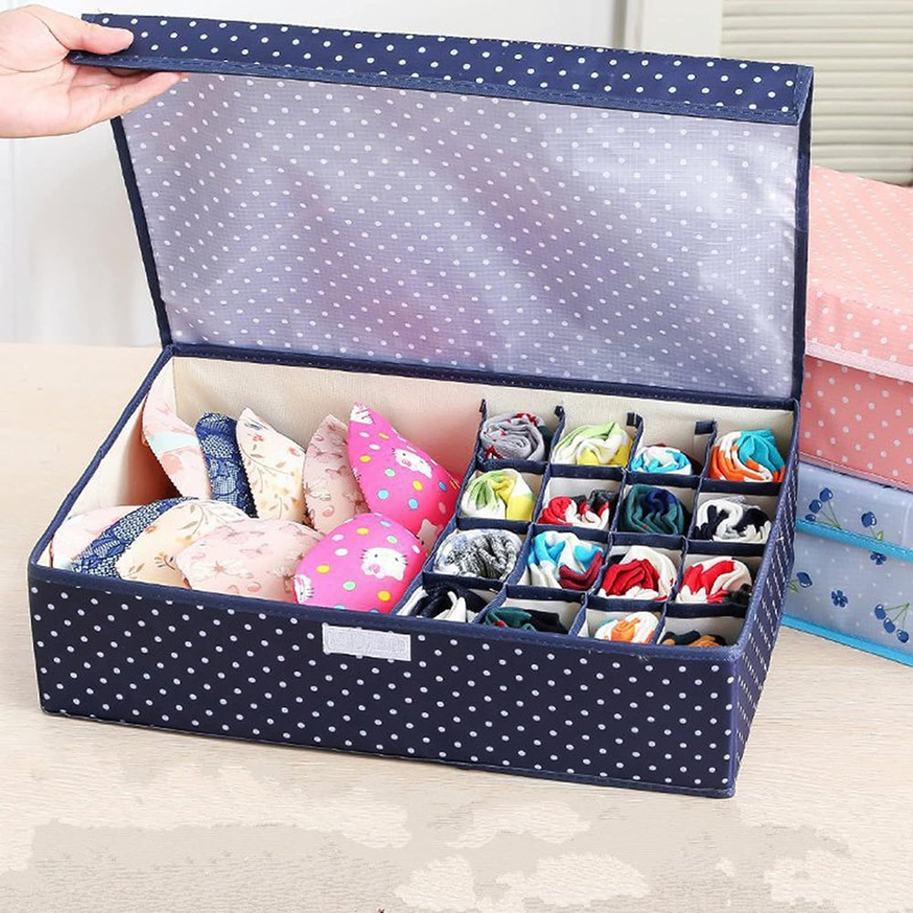Innerwear Organizer 16+1 Compartment Non-Smell Non Woven Foldable Fabric Storage Box For Closet (Blue Polka Dot),Clothing