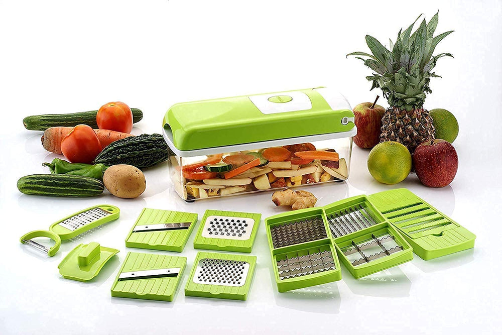 12 in 1 Multipurpose Chopper, Fruits & Vegetable Cutters, Grater Peeler Chipser, Unbreakable Food Grade Body, Easy Push to Clean Button Slicer Dicer, Chopper for Kitchen (Green, Plastic)