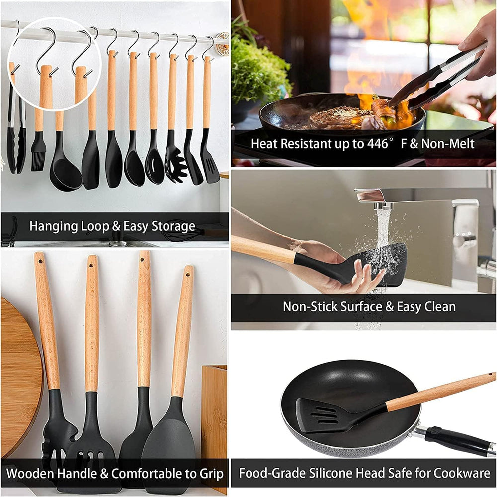 Silicone Kitchen Spatula and Utensils Spoon Set Cooking + Baking Set- 12 Pcs Non-Stick with Wooden Handle-BPA Free, Heat Resistant Item, Flexible Non Toxic Silicon Cookware Tools (Black)