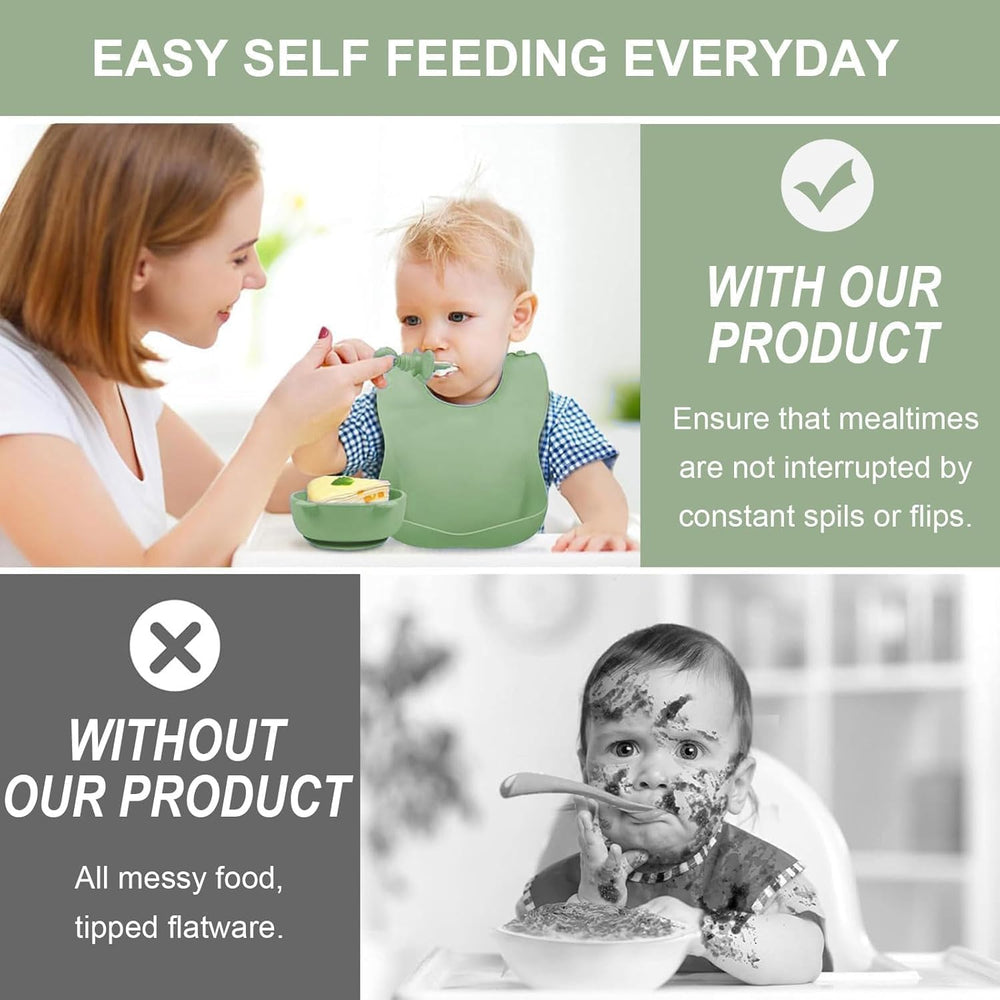 6PCS Silicone Baby Feeding Set – Suction Plate, Bowl, Bib, Spoon, Fork & Cup – BPA-Free, Microwave & Dishwasher Safe – Soft & Safe for Babies 6 Months+ (Green)