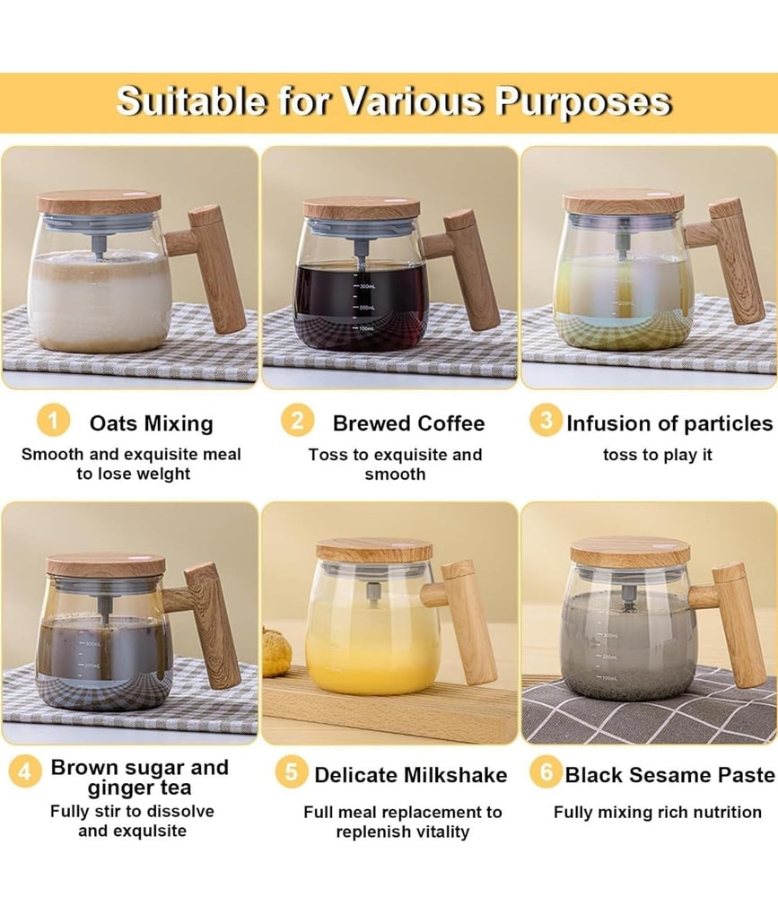 Electric Self Stirring Coffee Mug with Plastic Handle & Glass Cup – USB Rechargeable Automatic Coffee Mixer Cup with Magnetic Stirrer for Coffee, Milk, Protein Shake, Hot Chocolate (400ml)