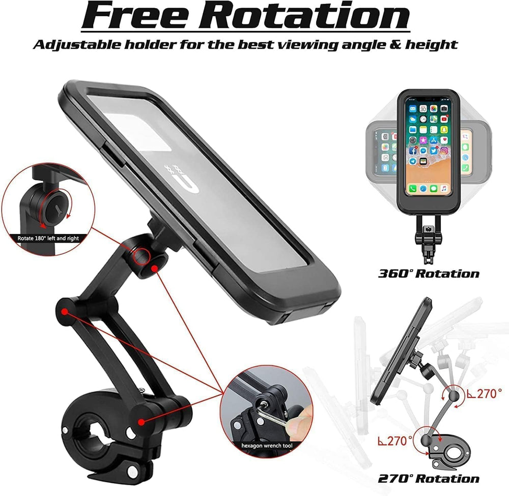 Waterproof Bike Mobile Phone Holder for Handlebar, 360° Rotatable Touch Screen Phone Mount, IPX6 Rainproof Case for 4.7–7.2 Inch Smartphones, Universal Motorcycle & Bicycle Mobile Stand (Black)