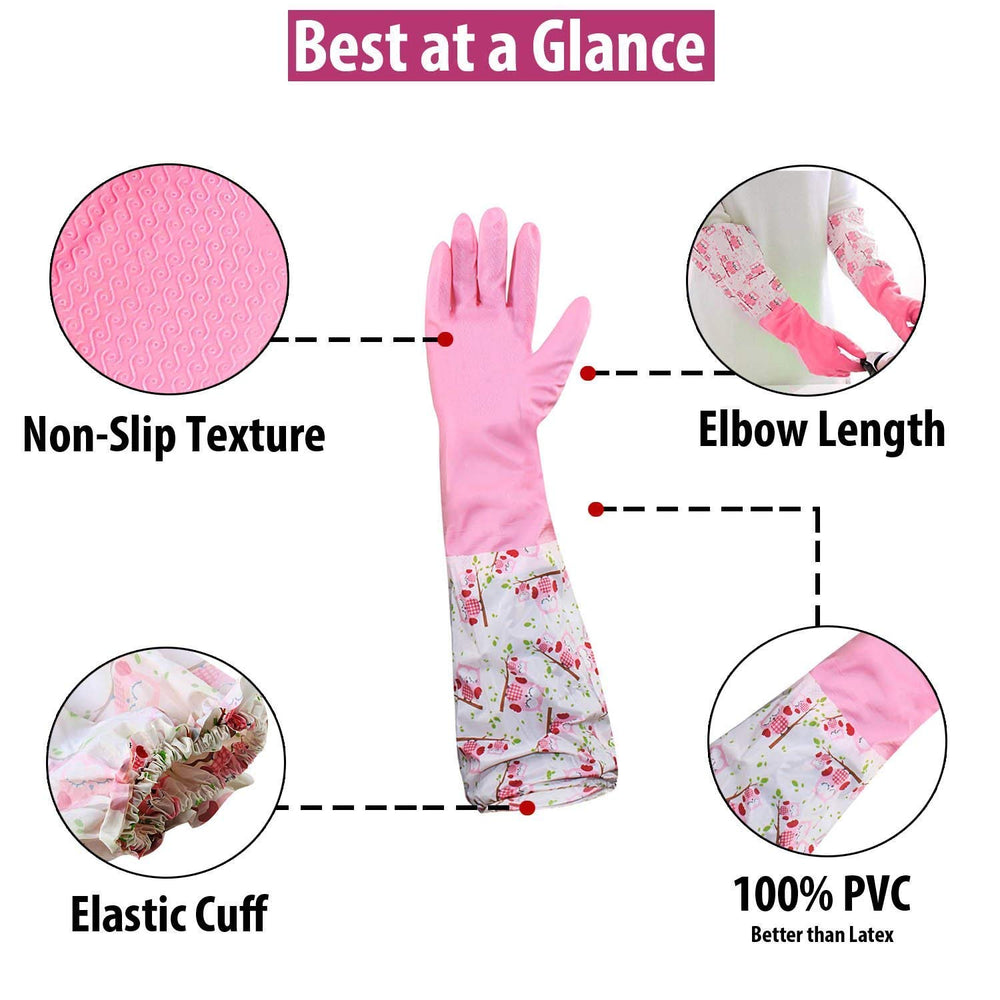 Reusable Rubber Latex Pvc Flock Lined Long Elbow Hand Gloves Safety Kitchen For Dish-Washing, Cleaning, Gardening, Laundry And Sanitation And Lab Work (Pack of 1 Pair Pink)