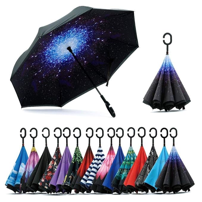 Inverted Umbrella, Anti-UV Double Layer Windproof Umbrella, Hands Free Handle C-Shaped Umbrella