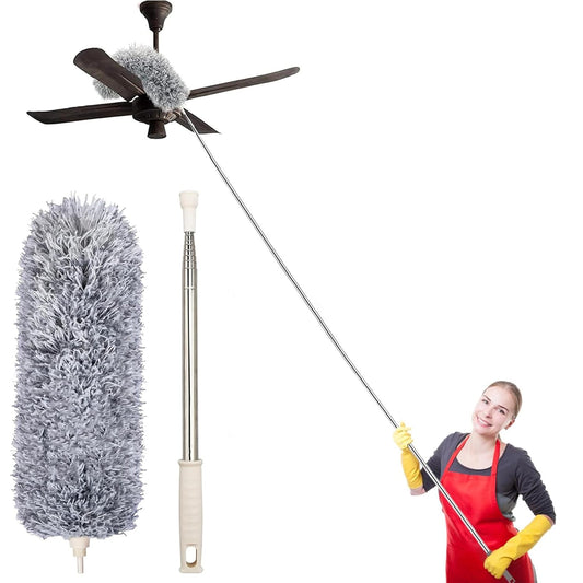 Microfiber Feather Duster Bendable & Extendable Fan Cleaning Duster with 100 inches Expandable Pole Handle Washable Duster for High Ceiling Fans,Window Blinds, Furniture (Standard)