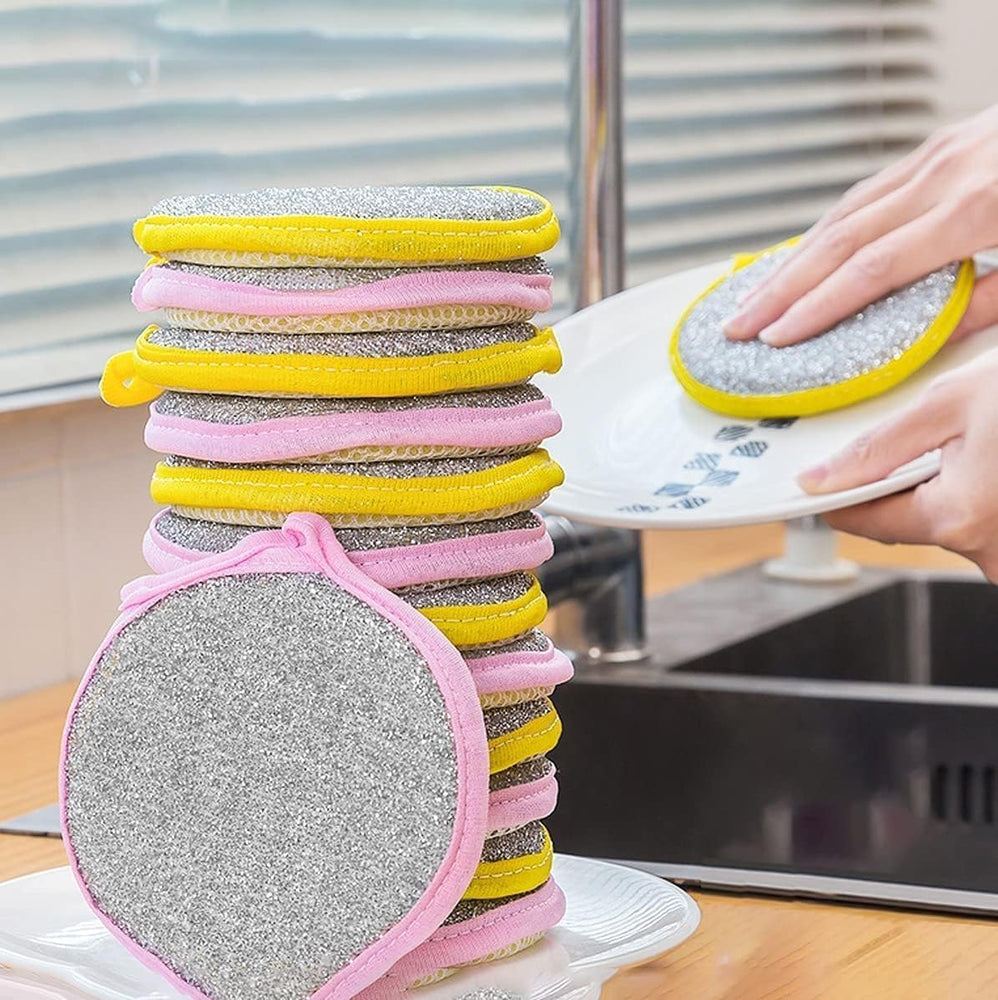 Non-Scratch Steel Wire Dish Scrubber with Soft Sponge, Double-Sided Round Cleaning Pad for Utensils, Plates, Pots, Kitchen Sink & Cookware (Pack of 5)
