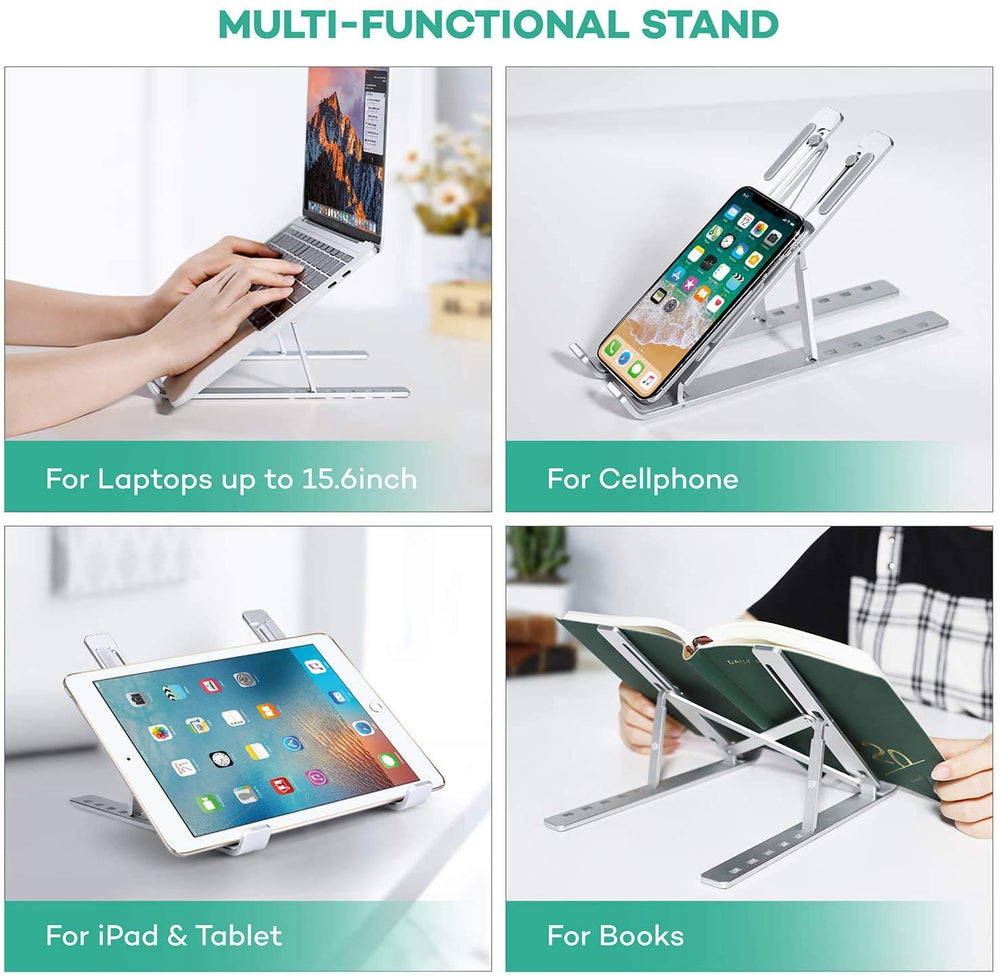 Laptop Tabletop Stand, Fold-Up, Adjustable, Ventilated, Portable Holder For Desk, Aluminum Foldable Laptop Ergonomic Compatibility With Up To 15.6-Inch Laptop, All Mac, Tab, And Mobile (Silver)