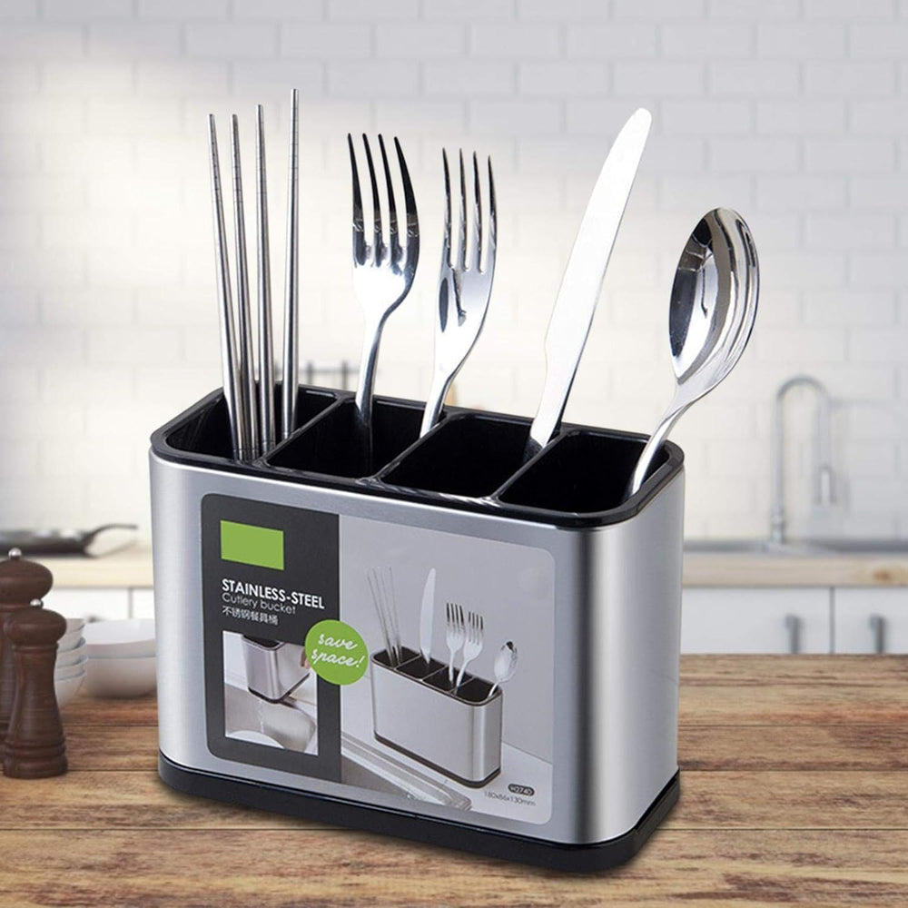 Stainless Steel Kitchen Cutlery Holder – 4 Compartment Utensil Organizer & Drainer Stand for Spoons, Forks, Knives – Rust-Resistant, Compact Design