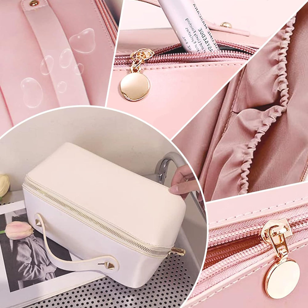 Large Capacity Travel Cosmetic Bag With Handle And Divider - Multifunctional Makeup Bag For Easy Access, Waterproof- (Cream), 10 cm