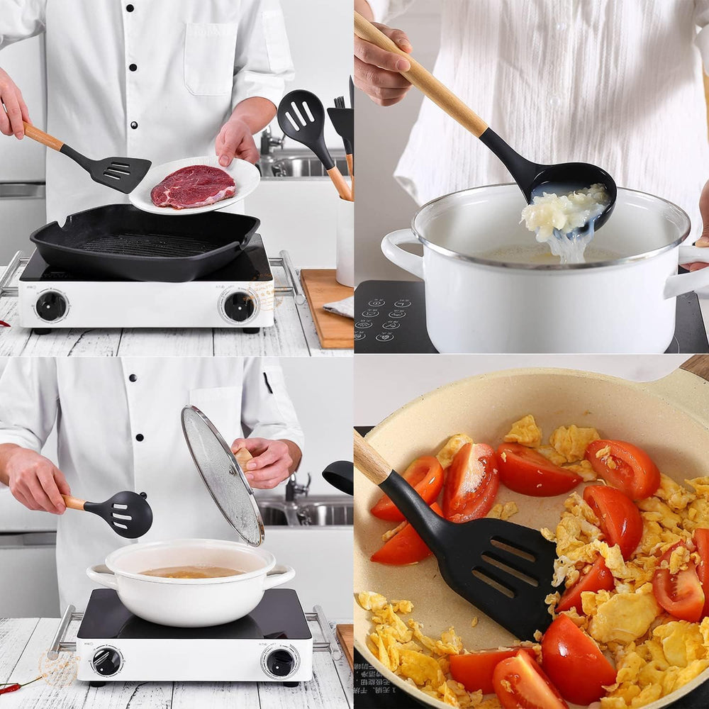 Silicone Kitchen Spatula and Utensils Spoon Set Cooking + Baking Set- 12 Pcs Non-Stick with Wooden Handle-BPA Free, Heat Resistant Item, Flexible Non Toxic Silicon Cookware Tools (Black)