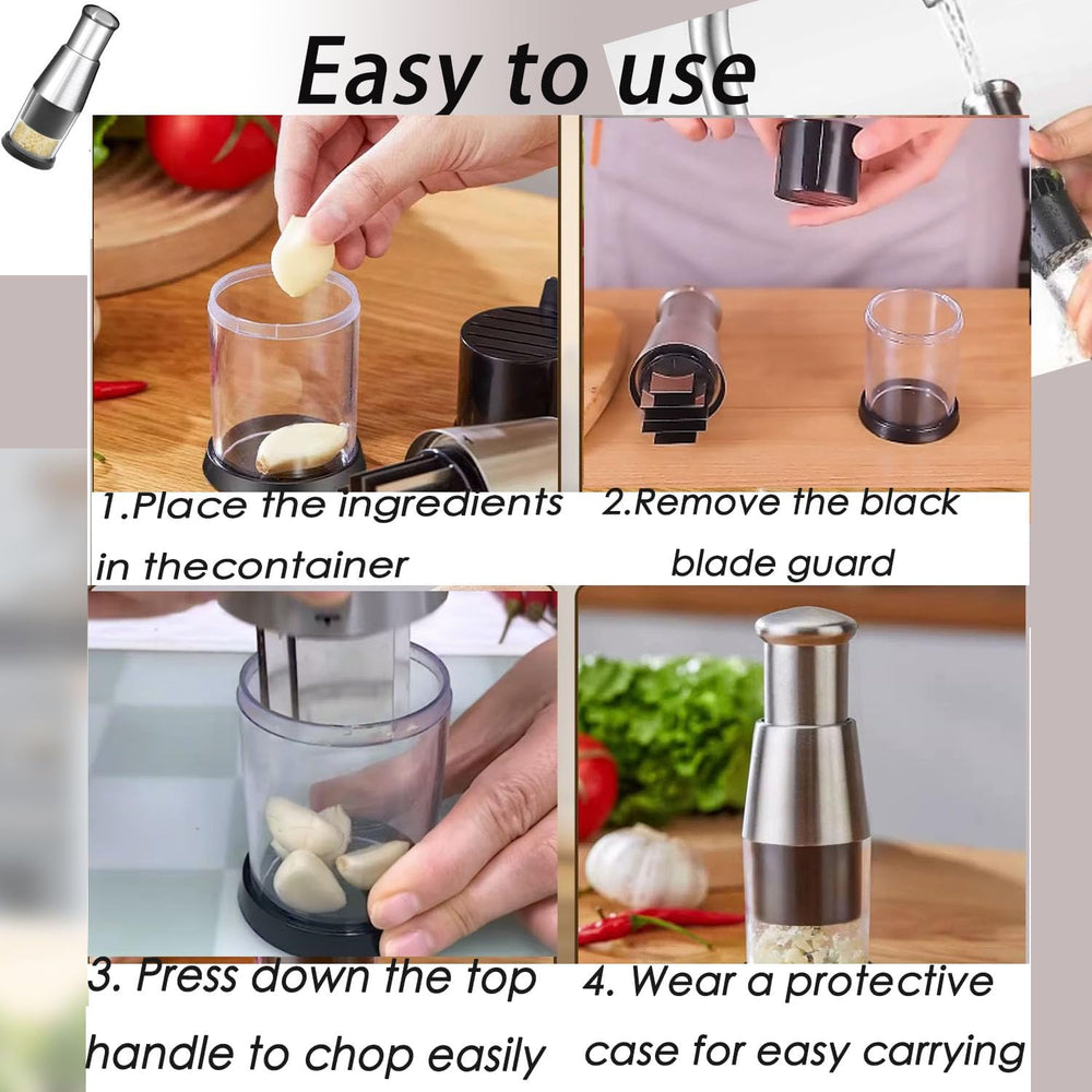 Mini Dicer Food Chopper,Functional Manual Garlic Press, Stainless Steel Hand Food Chopper Garlic Press for Mincing Garlic Garlic Press Stainless Steel (Silver)