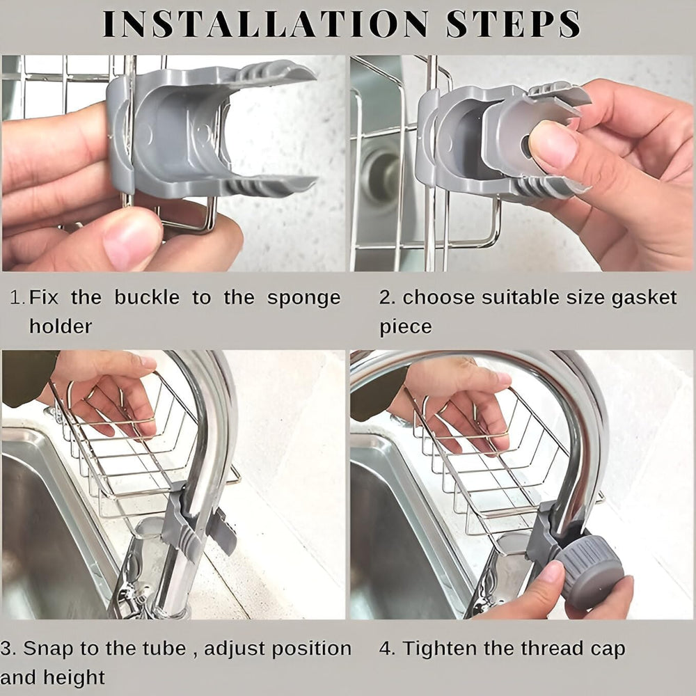 Stainless Steel Adjusting Multifunctional Over Kitchen Sink Caddy Clamp Faucet Sponge Scrubber Holder Storage Hanging Shelf Draining Bathroom Tap Shampoo Soap Organizer Rack (Pack of 1)