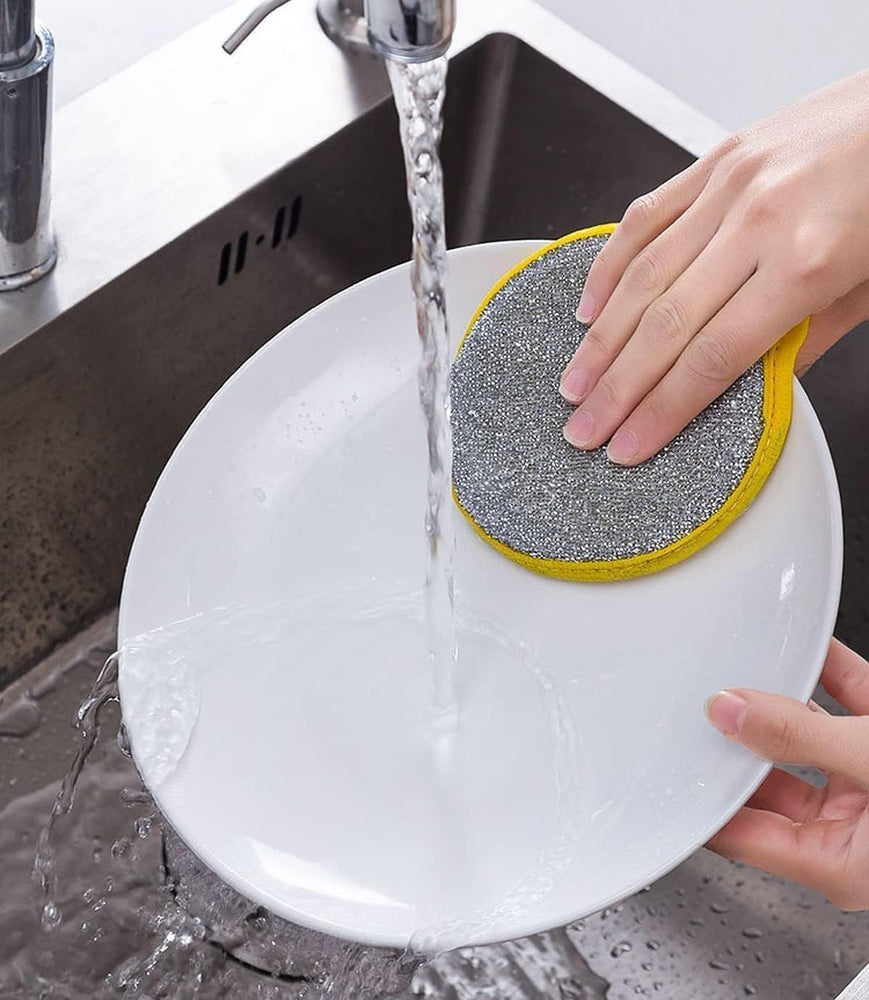 Non-Scratch Steel Wire Dish Scrubber with Soft Sponge, Double-Sided Round Cleaning Pad for Utensils, Plates, Pots, Kitchen Sink & Cookware (Pack of 5)