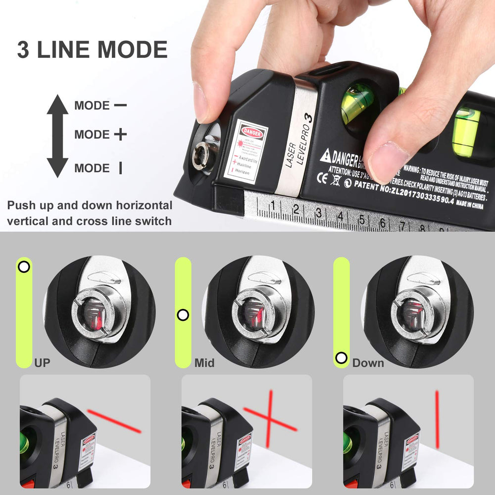 Multipurpose ABS Laser Level Line Tool Kit | Standard Cross | leveler Beam with Metric Rulers 8ft/2.5M for Picture Hanging cabinets Tile Walls (Black)